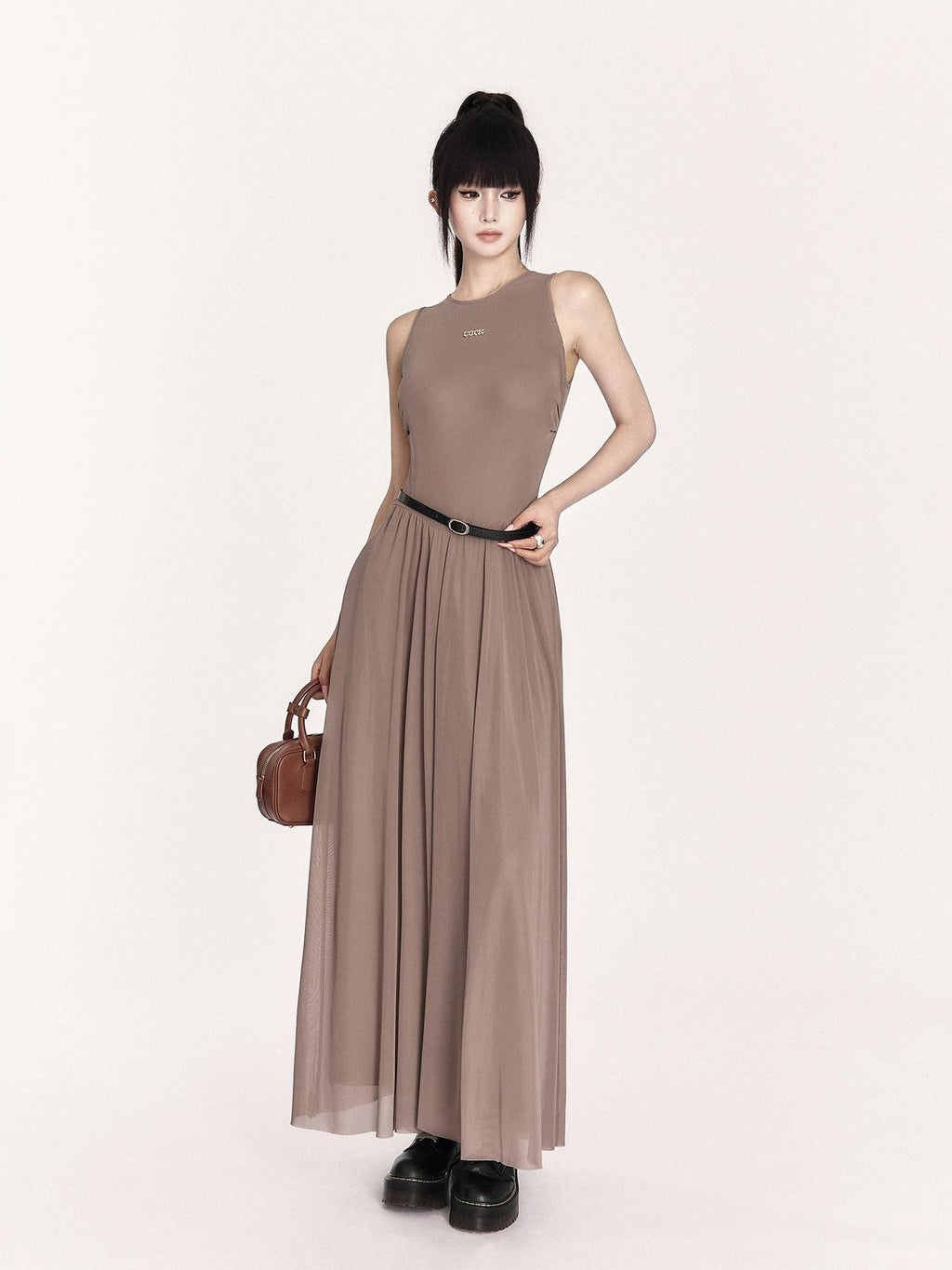 VOCK French Minimalist Mesh Sleeveless A Line Women's Polyester Casual Maxi Dresses
