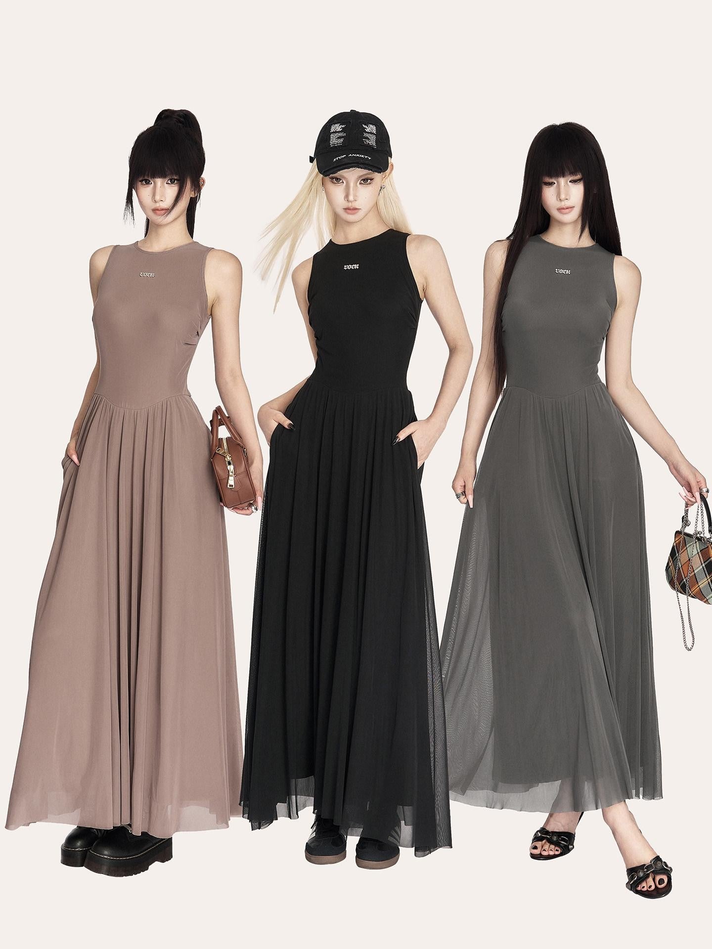 VOCK French Minimalist Mesh Sleeveless A Line Women's Polyester Casual Maxi Dresses