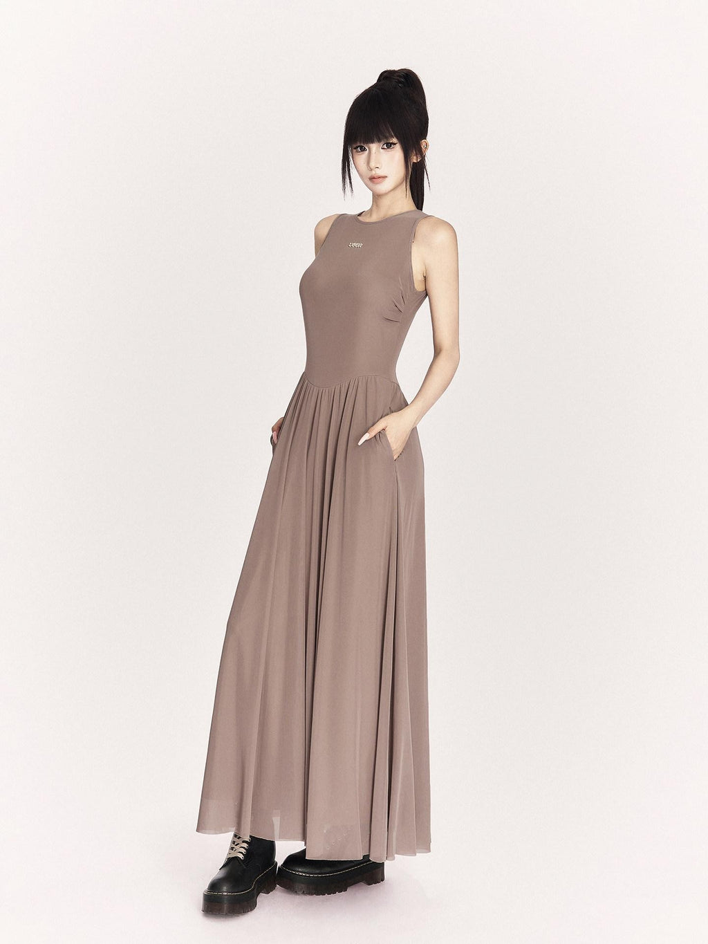 VOCK French Minimalist Mesh Sleeveless A Line Women's Polyester Casual Maxi Dresses