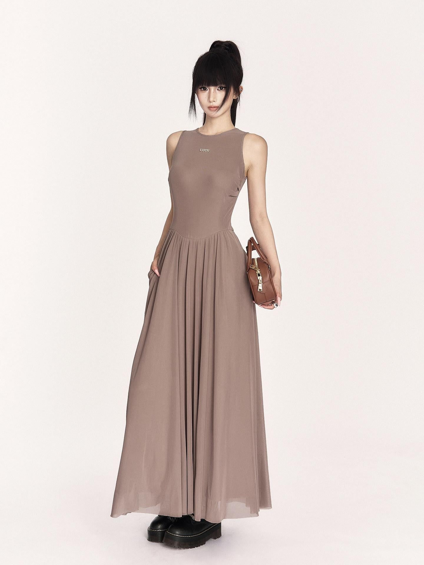 VOCK French Minimalist Mesh Sleeveless A Line Women's Polyester Casual Maxi Dresses