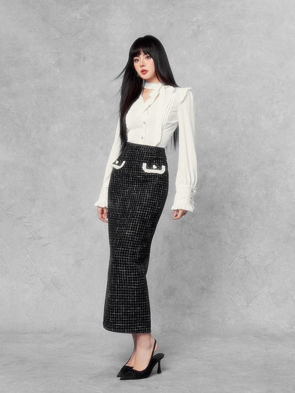 VOCK French Retro Contrast High Waist Straight Women's Poly Cotton Maxi Skirts