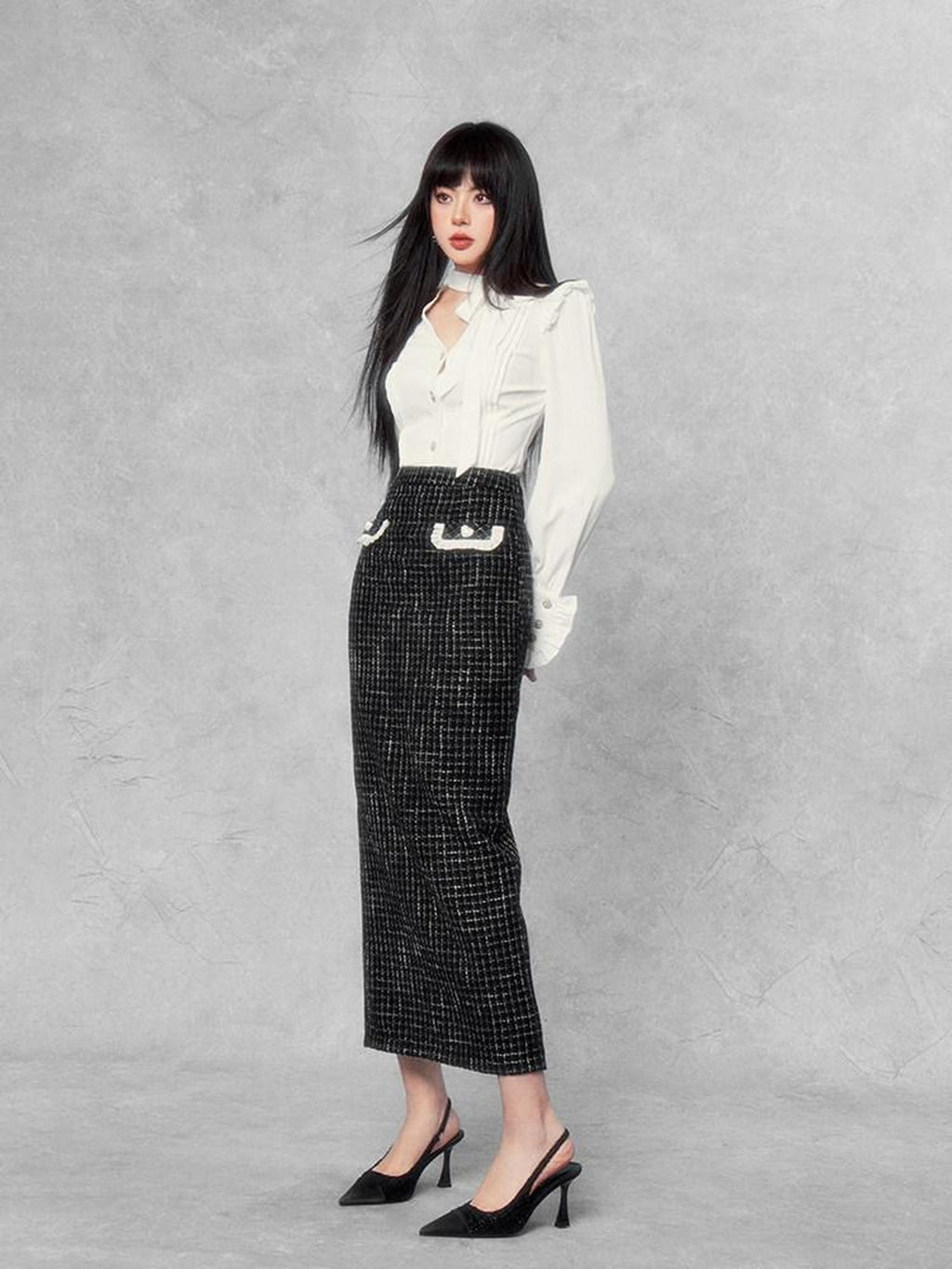 VOCK French Retro Contrast High Waist Straight Women's Poly Cotton Maxi Skirts