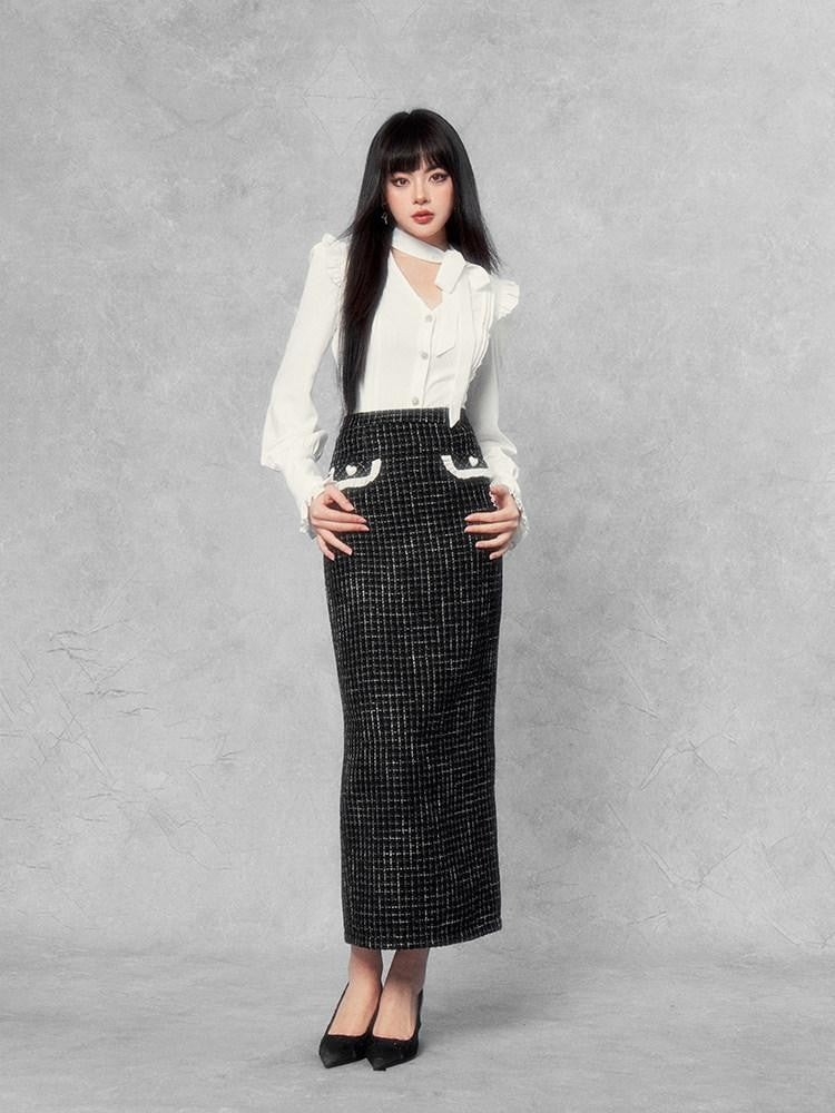 VOCK French Retro Contrast High Waist Straight Women's Poly Cotton Maxi Skirts