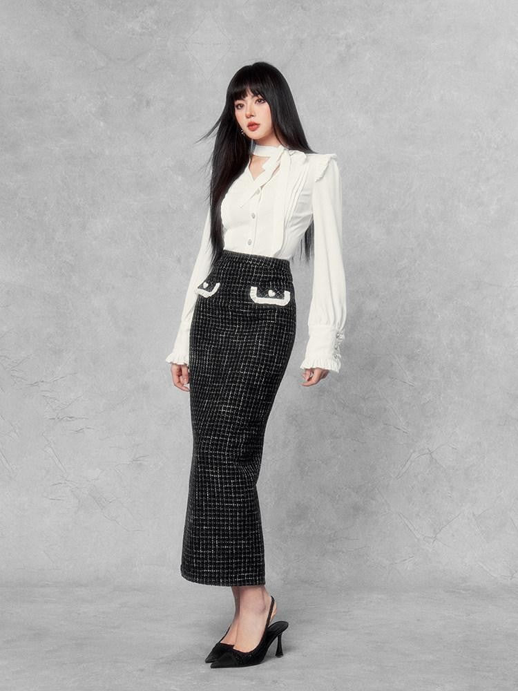 VOCK French Retro Contrast High Waist Straight Women's Poly Cotton Maxi Skirts