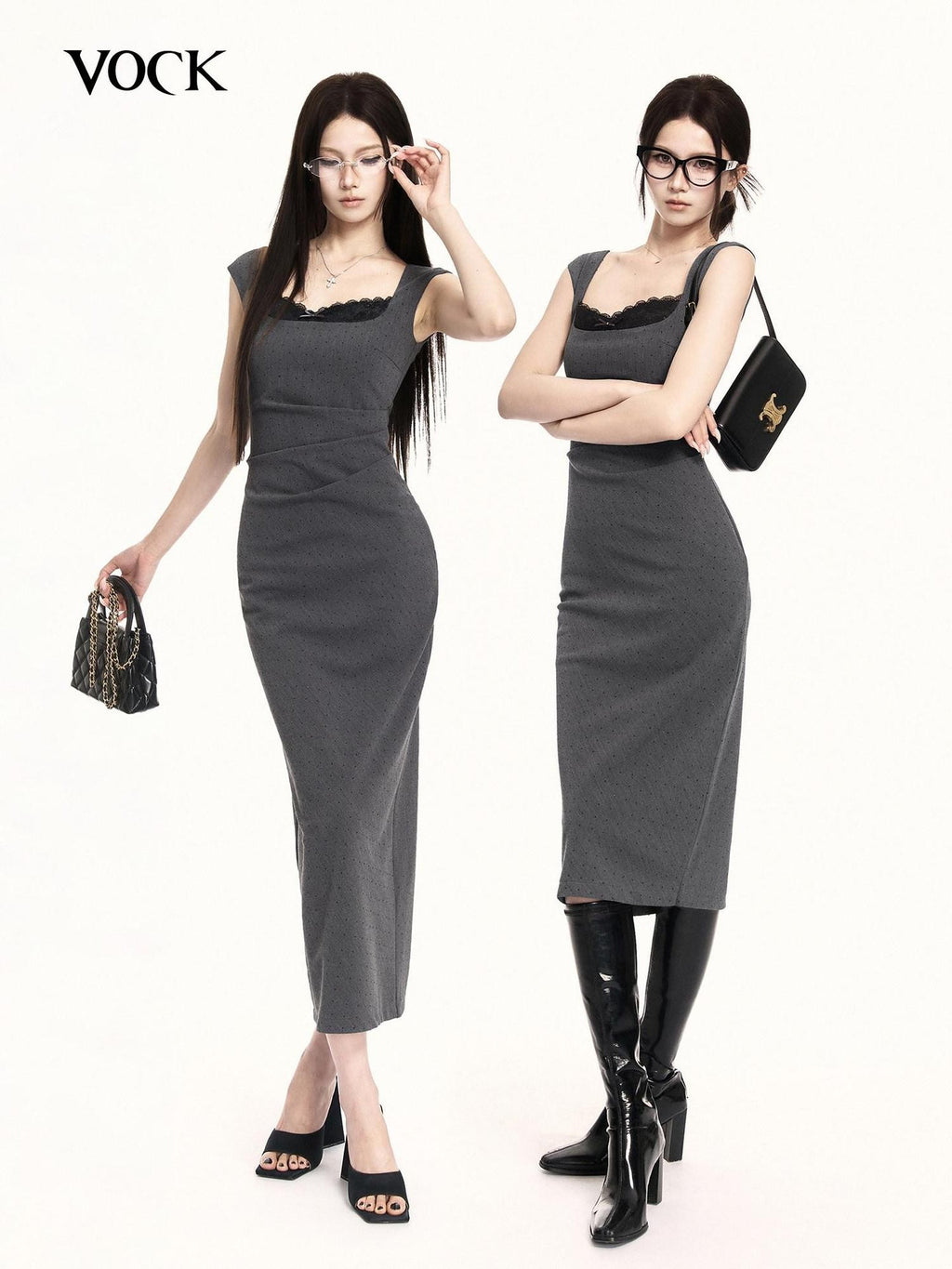 VOCK French Square Neck Lace Rhinestone Slimming Women's Bodycon Midi Dresses