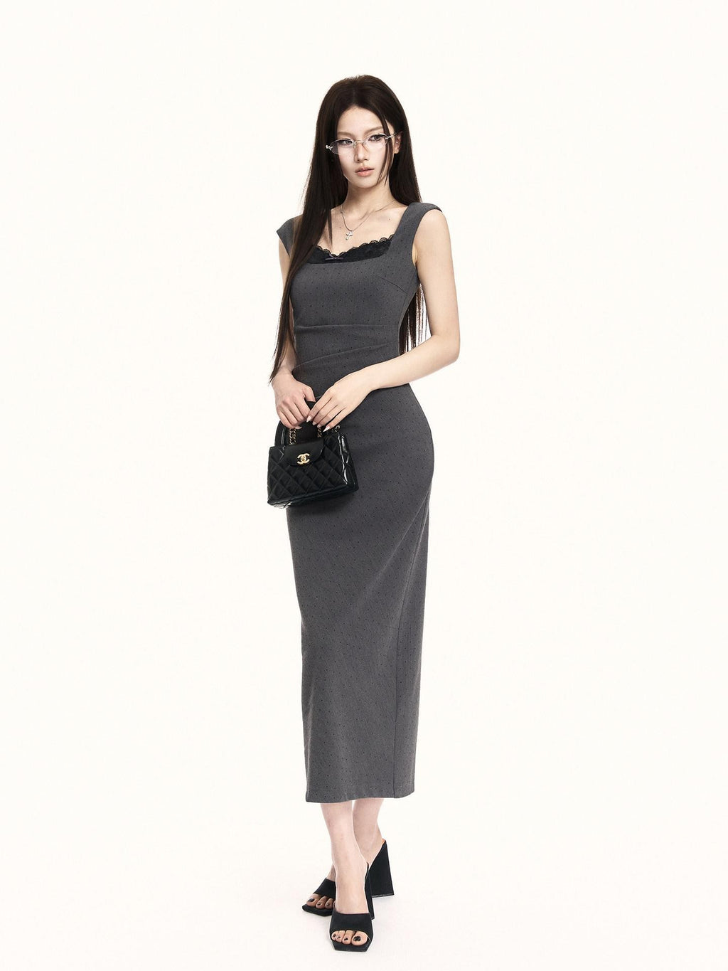 VOCK French Square Neck Lace Rhinestone Slimming Women's Bodycon Midi Dresses