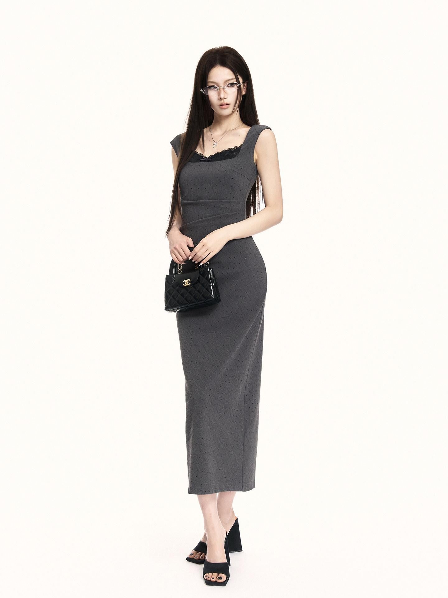 VOCK French Square Neck Lace Rhinestone Slimming Women's Bodycon Midi Dresses