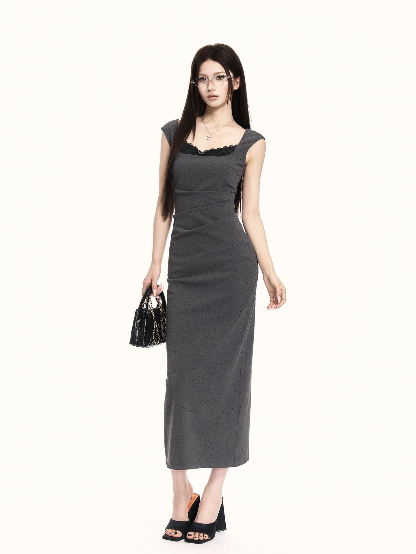 VOCK French Square Neck Lace Rhinestone Slimming Women's Bodycon Midi Dresses