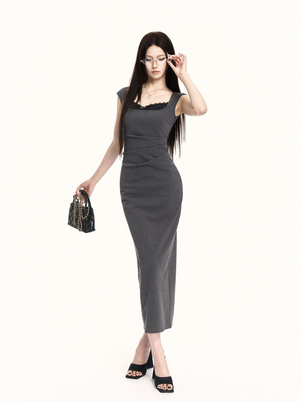 VOCK French Square Neck Lace Rhinestone Slimming Women's Bodycon Midi Dresses