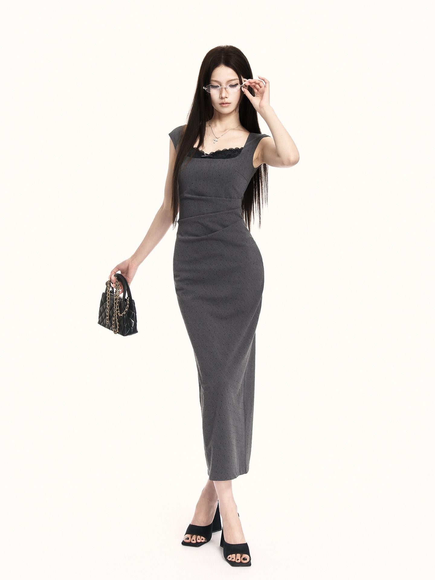 VOCK French Square Neck Lace Rhinestone Slimming Women's Bodycon Midi Dresses