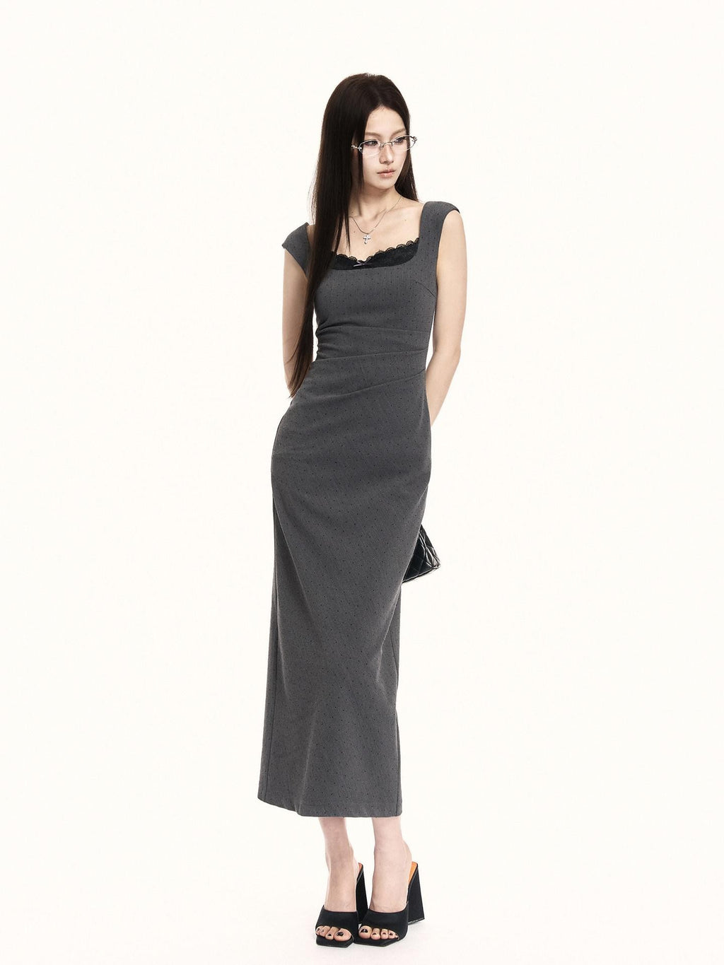 VOCK French Square Neck Lace Rhinestone Slimming Women's Bodycon Midi Dresses