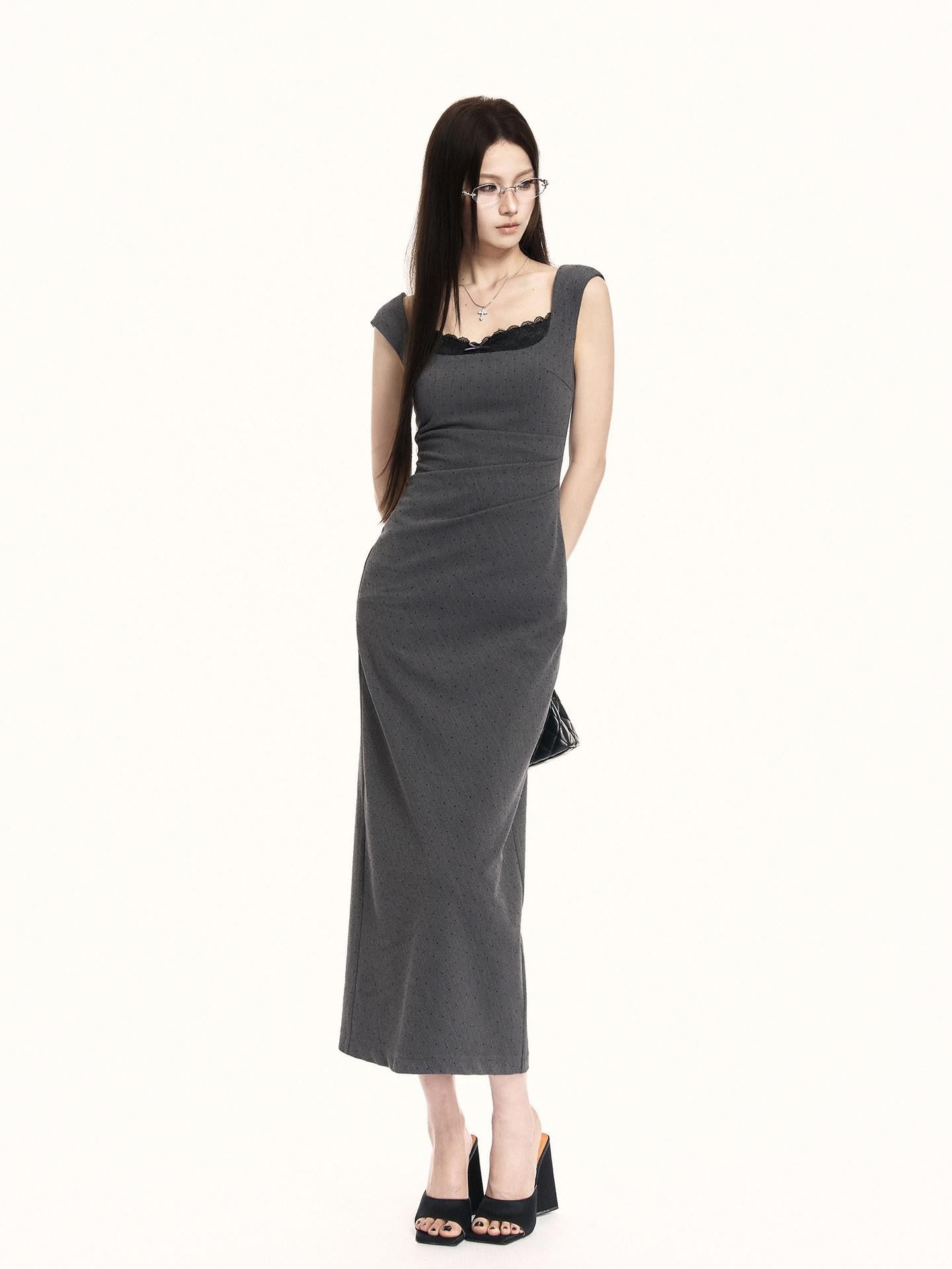 VOCK French Square Neck Lace Rhinestone Slimming Women's Bodycon Midi Dresses