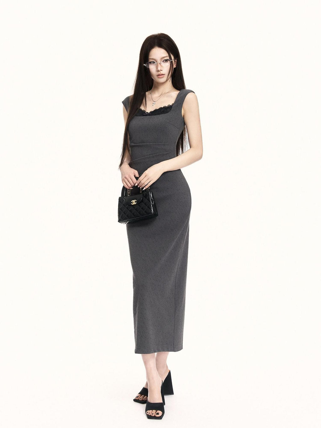 VOCK French Square Neck Lace Rhinestone Slimming Women's Bodycon Midi Dresses