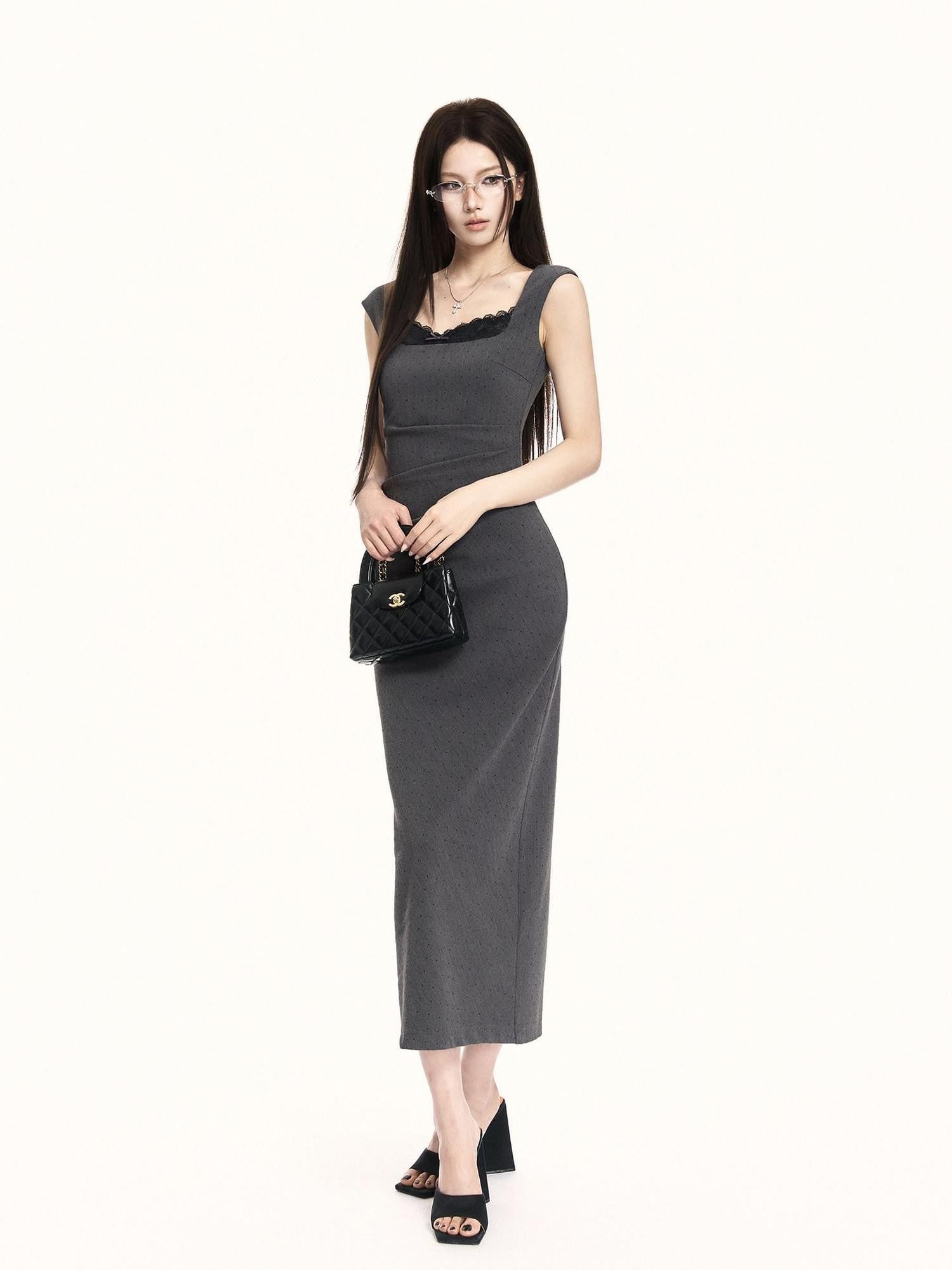 VOCK French Square Neck Lace Rhinestone Slimming Women's Bodycon Midi Dresses