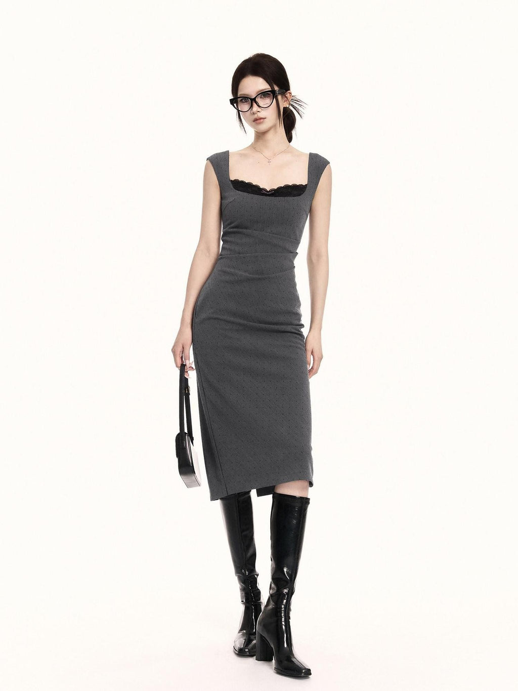 VOCK French Square Neck Lace Rhinestone Slimming Women's Bodycon Midi Dresses