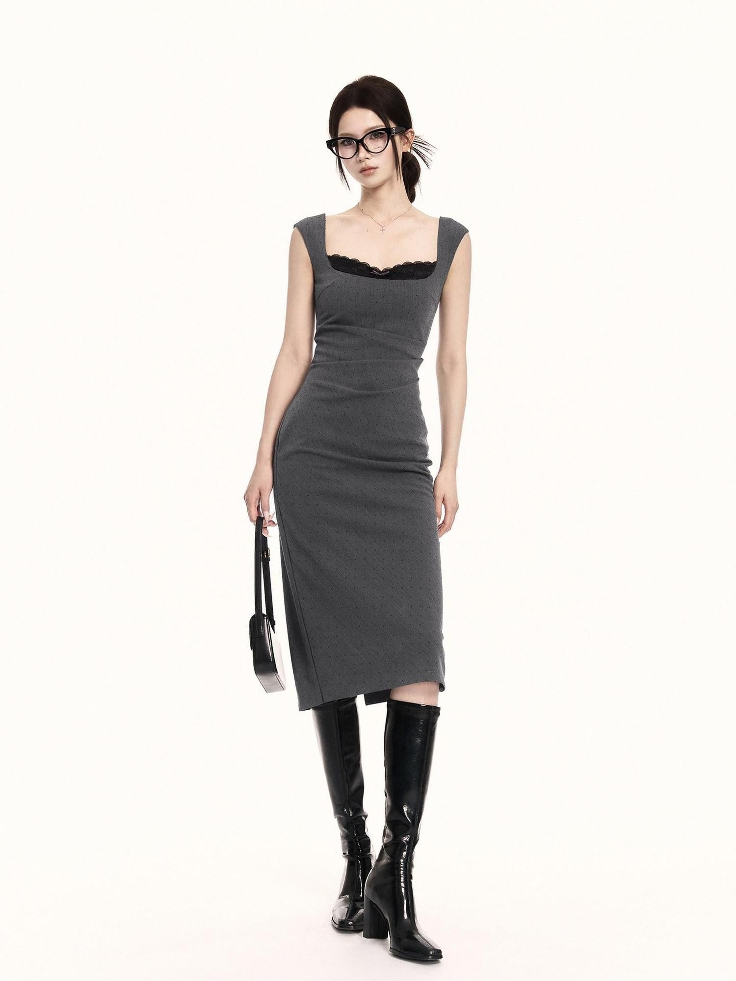 VOCK French Square Neck Lace Rhinestone Slimming Women's Bodycon Midi Dresses