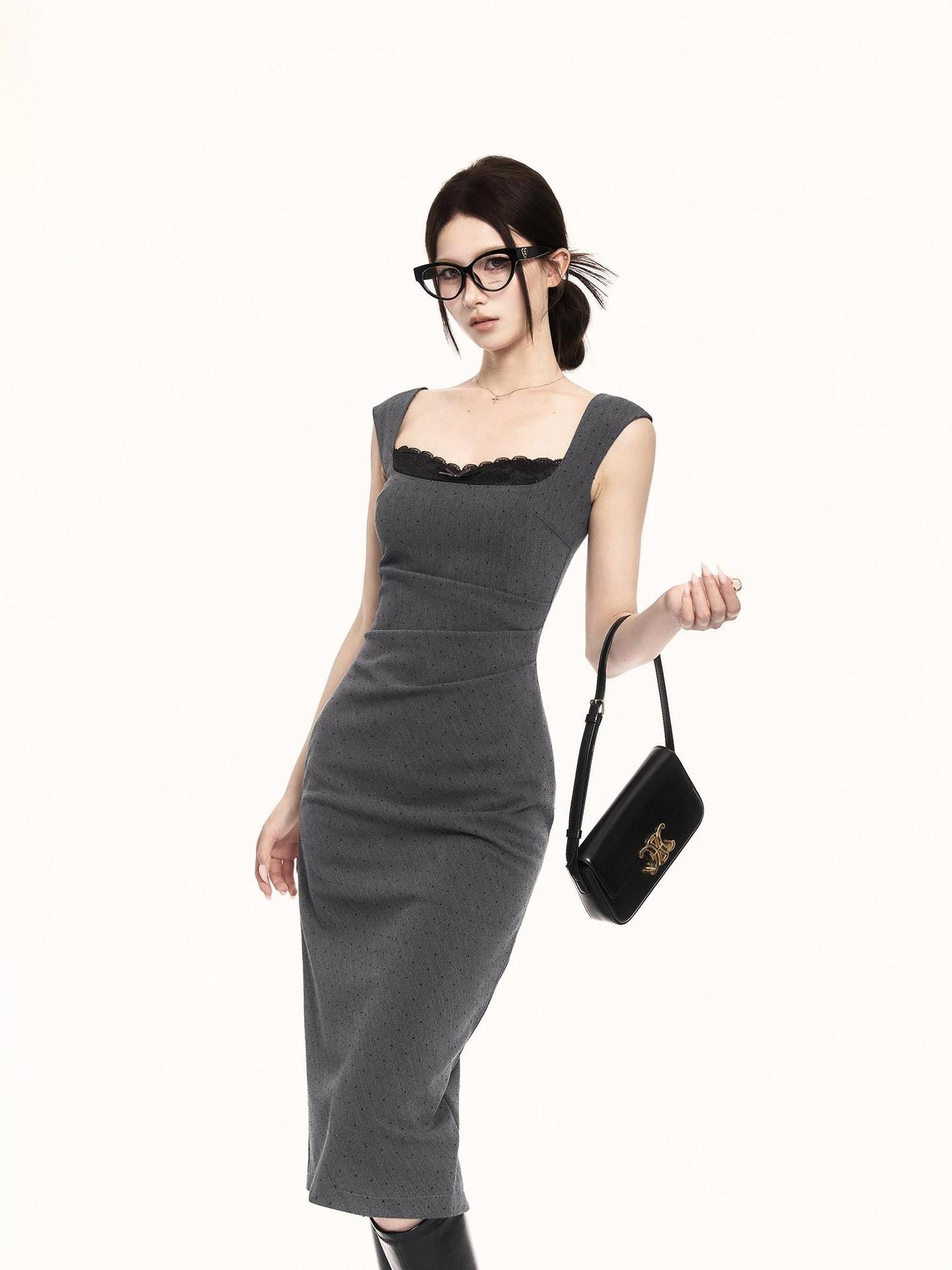 VOCK French Square Neck Lace Rhinestone Slimming Women's Bodycon Midi Dresses