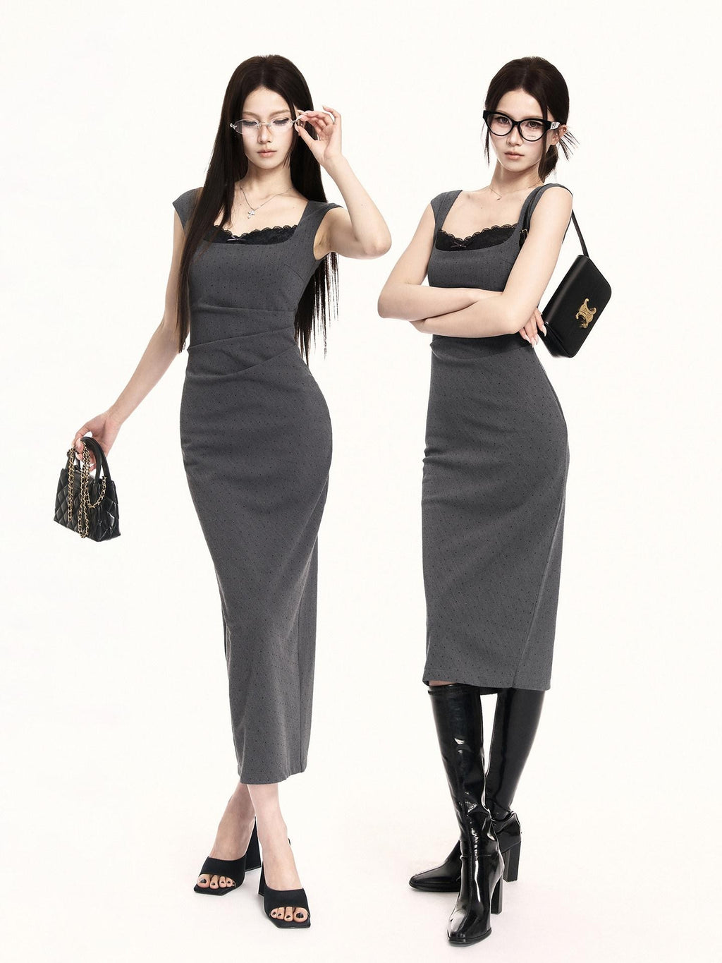 VOCK French Square Neck Lace Rhinestone Slimming Women's Bodycon Midi Dresses