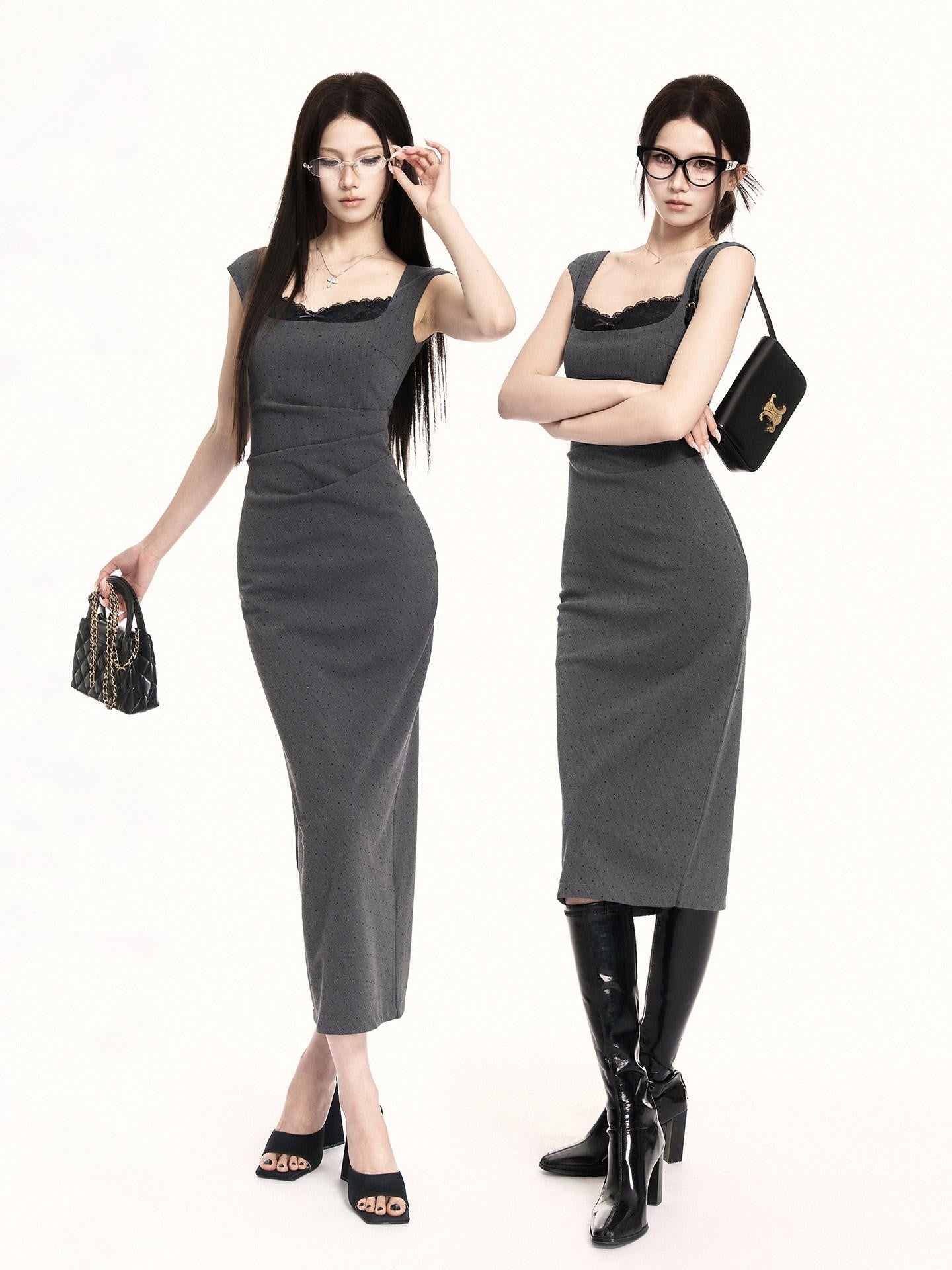 VOCK French Square Neck Lace Rhinestone Slimming Women's Bodycon Midi Dresses