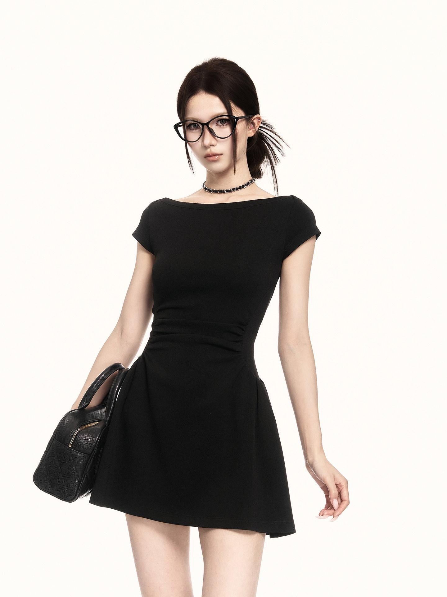 VOCK French Vintage Boat Neck Cinched Waist Puff Skirt Women's Casual Mini Dresses