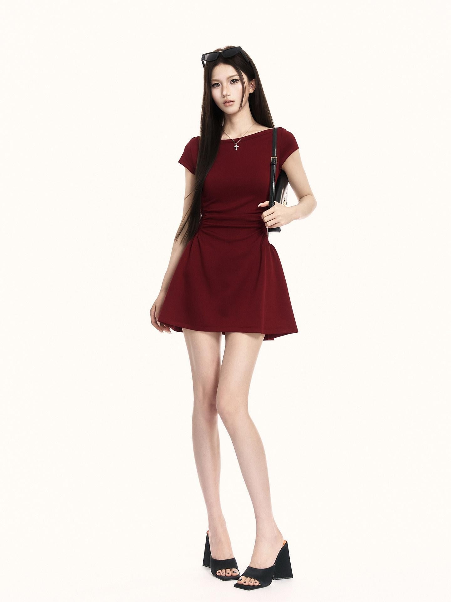 VOCK French Vintage Boat Neck Cinched Waist Puff Skirt Women's Casual Mini Dresses