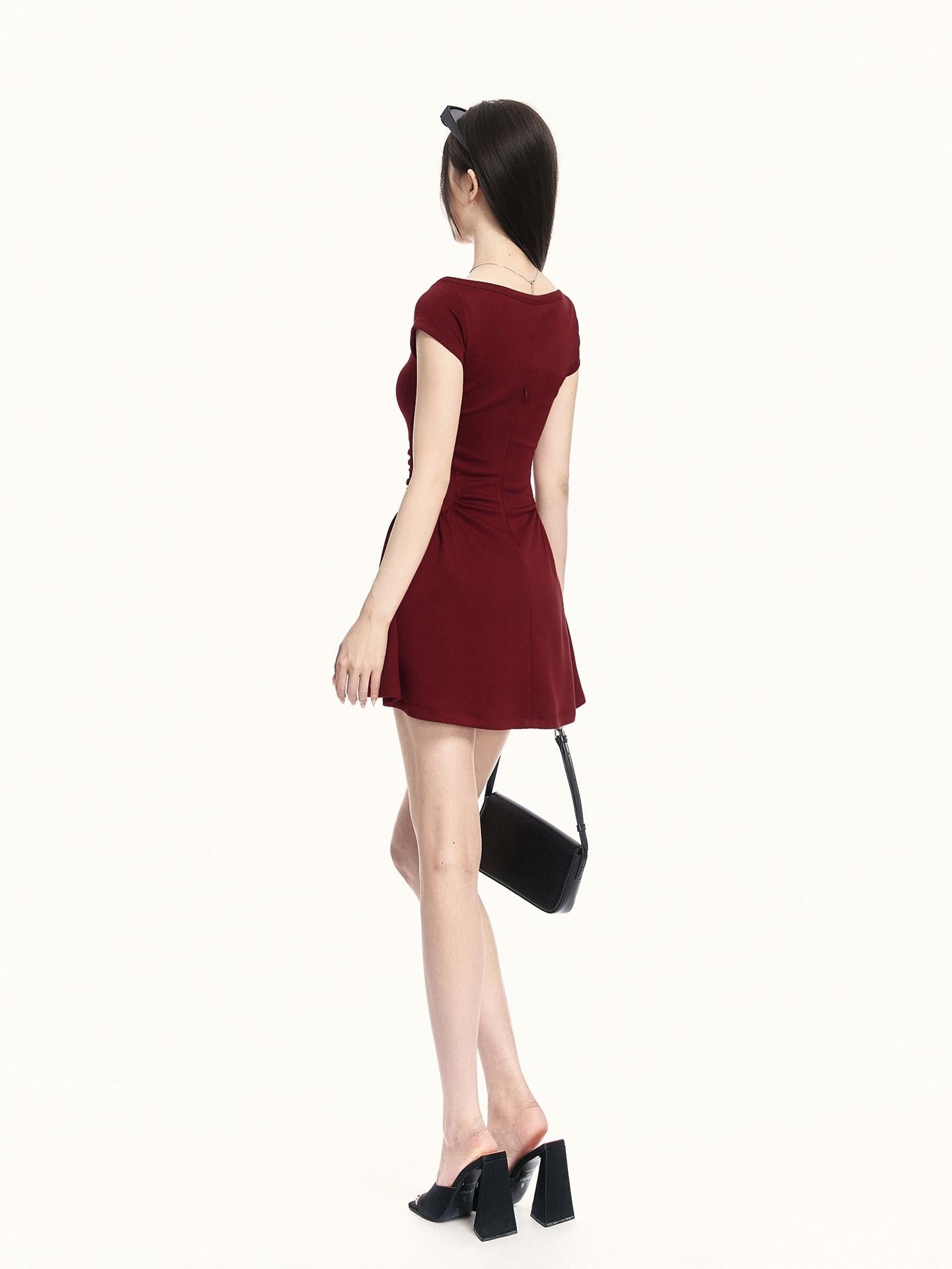 VOCK French Vintage Boat Neck Cinched Waist Puff Skirt Women's Casual Mini Dresses