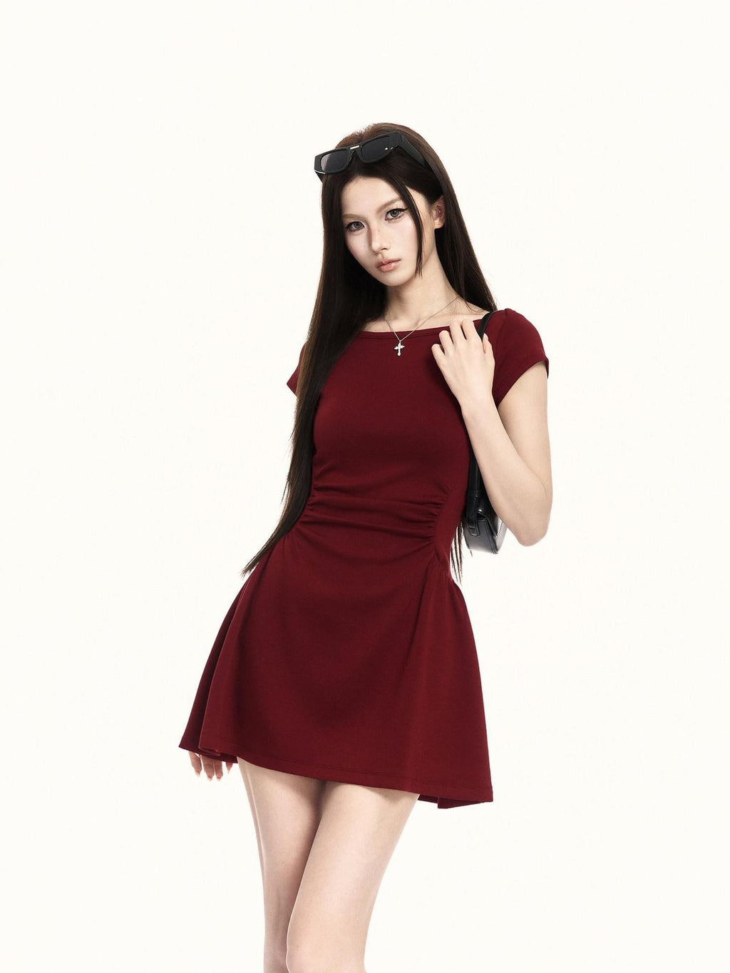 VOCK French Vintage Boat Neck Cinched Waist Puff Skirt Women's Casual Mini Dresses