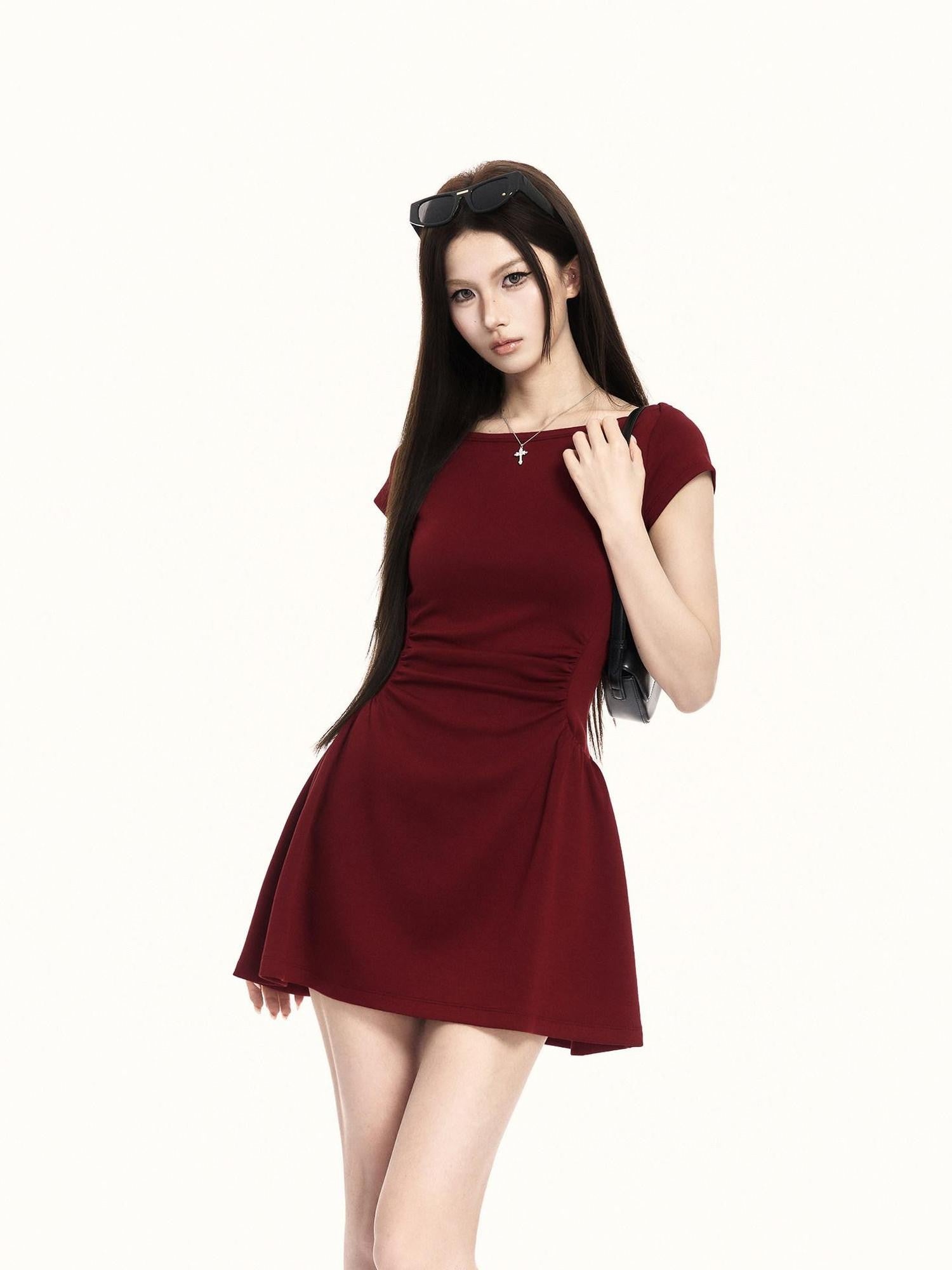 VOCK French Vintage Boat Neck Cinched Waist Puff Skirt Women's Casual Mini Dresses