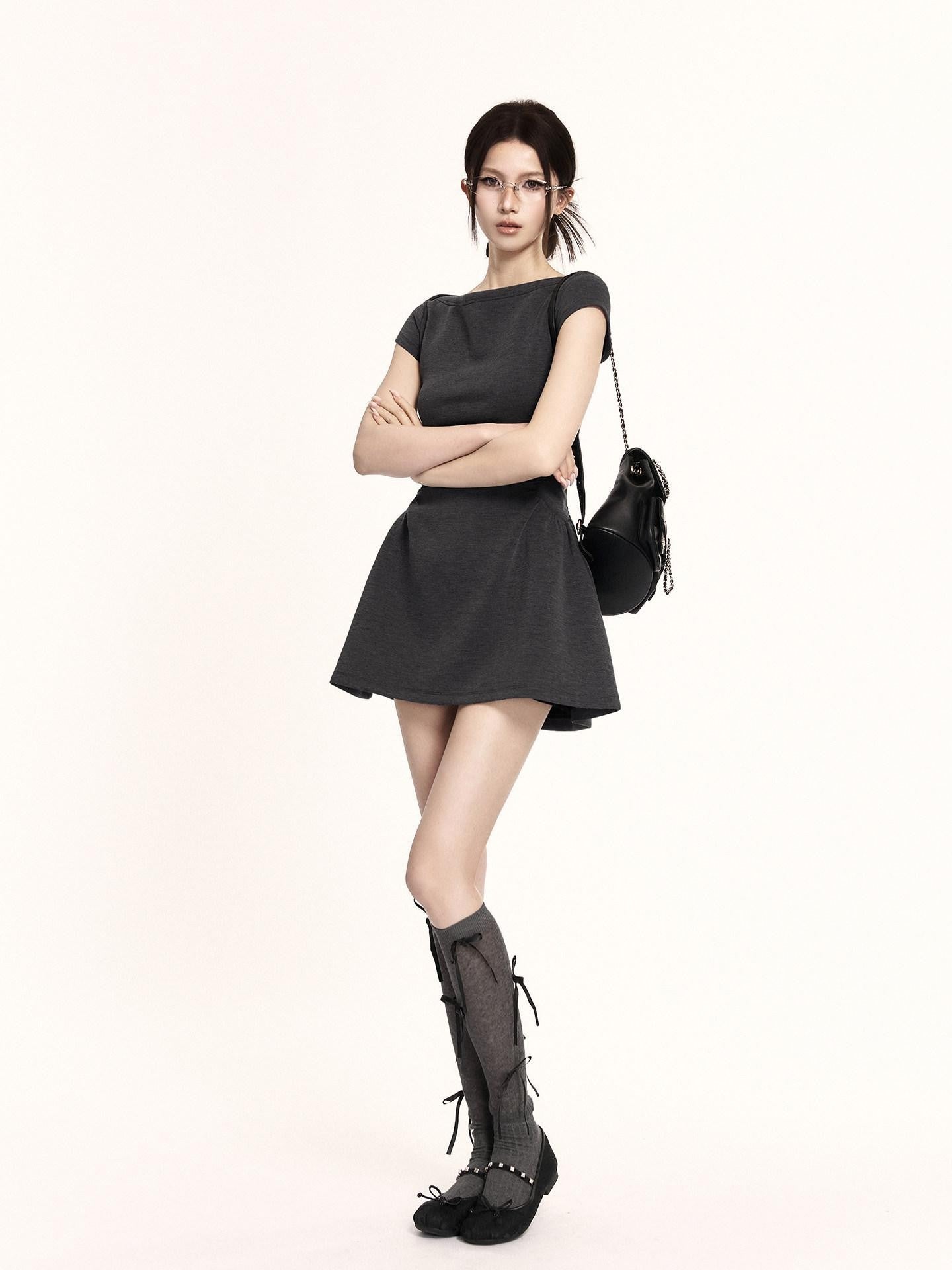 VOCK French Vintage Boat Neck Cinched Waist Puff Skirt Women's Casual Mini Dresses