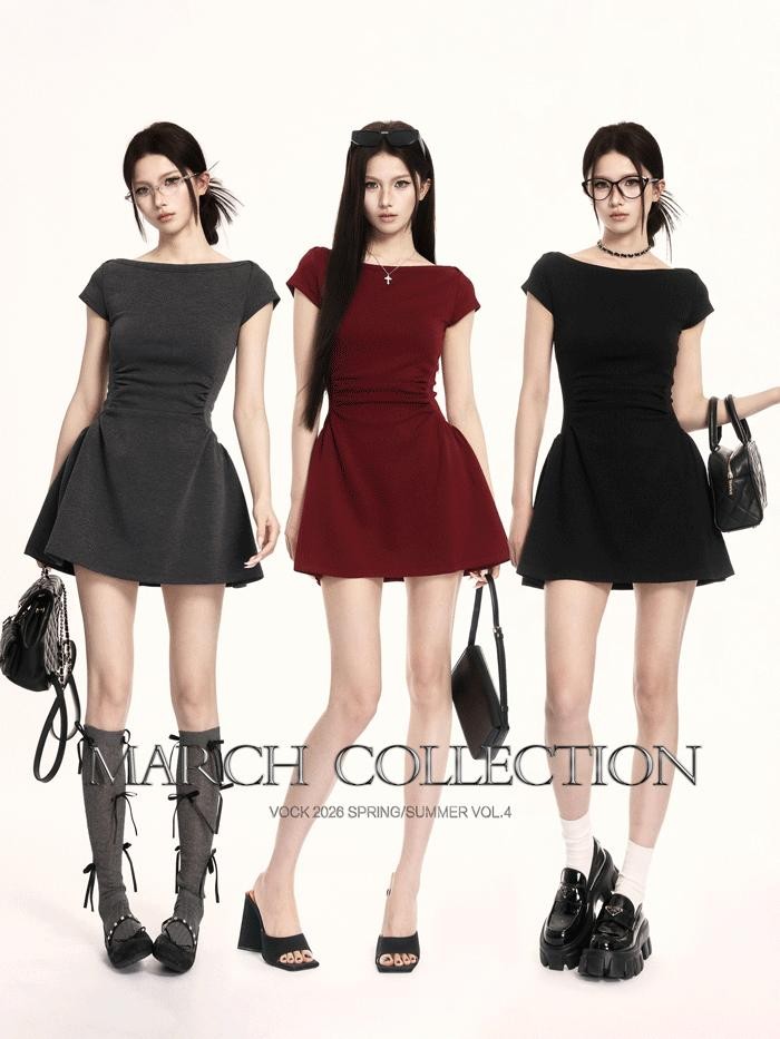 VOCK French Vintage Boat Neck Cinched Waist Puff Skirt Women's Casual Mini Dresses