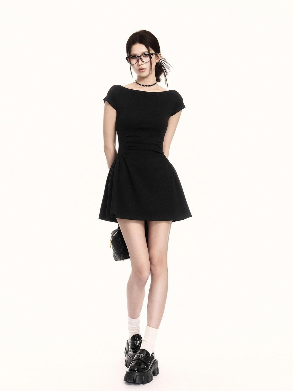 VOCK French Vintage Boat Neck Cinched Waist Puff Skirt Women's Casual Mini Dresses