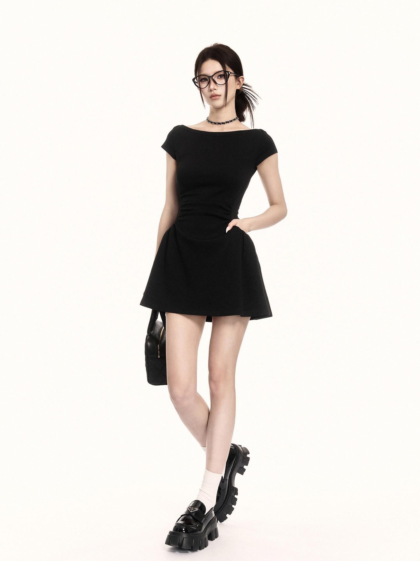 VOCK French Vintage Boat Neck Cinched Waist Puff Skirt Women's Casual Mini Dresses