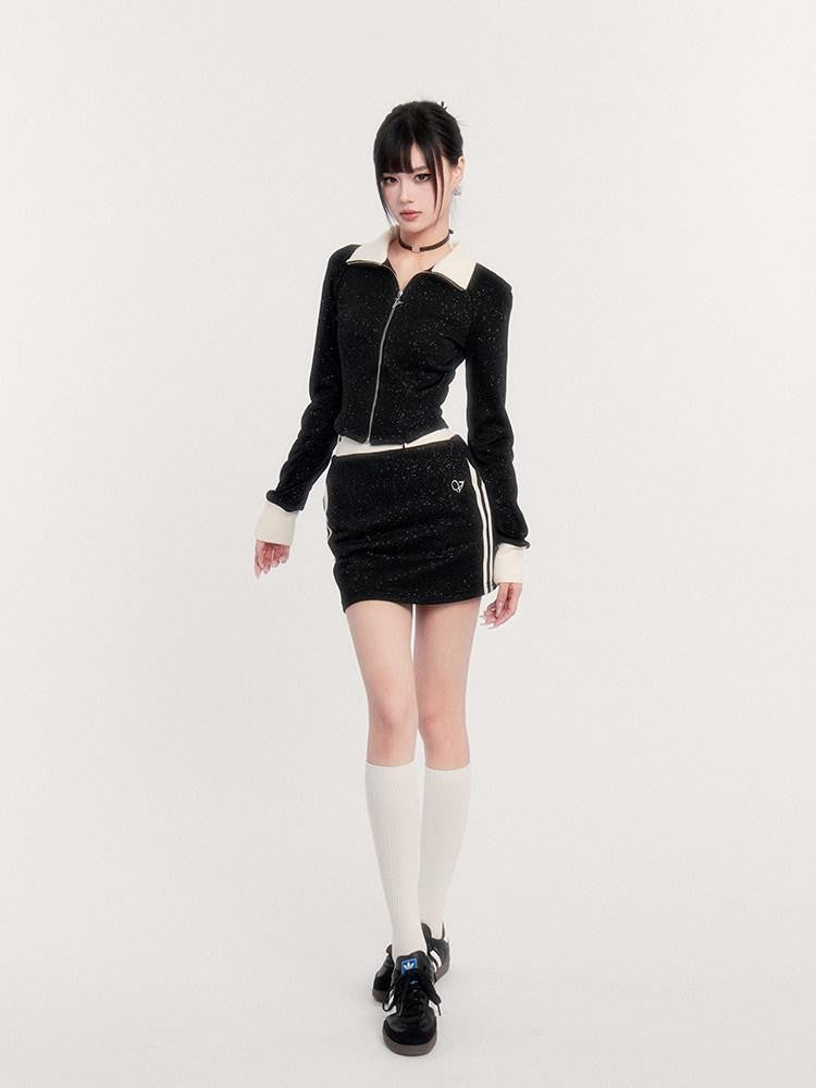 VOCK Galaxy Rhinestone Glitter Sweatshirt V-neck Aline Women's Matching Skirt Sets