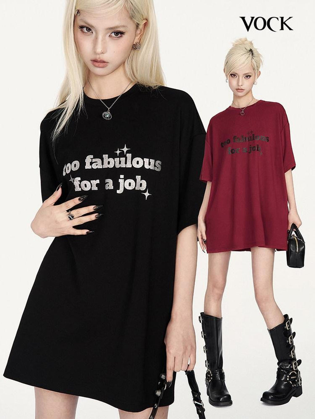 VOCK Glitter Letter Print Contrast Crewneck Women's Cotton Blend Oversized T-shirts