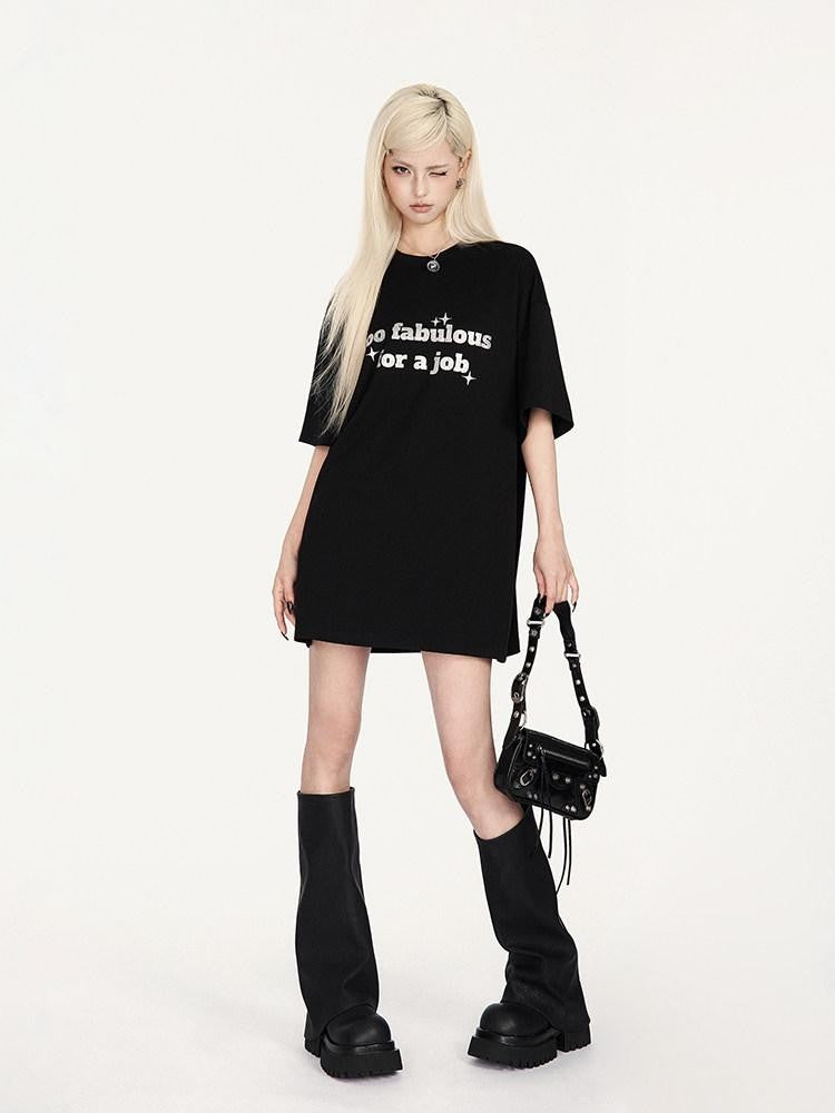 VOCK Glitter Letter Print Contrast Crewneck Women's Cotton Blend Oversized T-shirts