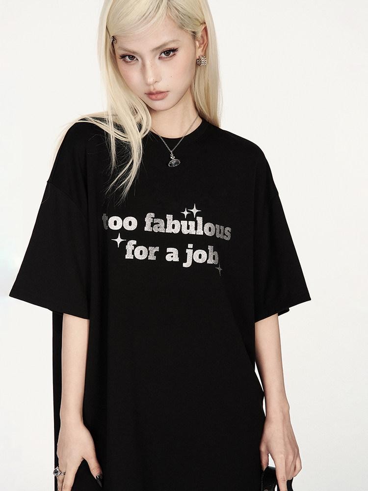 VOCK Glitter Letter Print Contrast Crewneck Women's Cotton Blend Oversized T-shirts