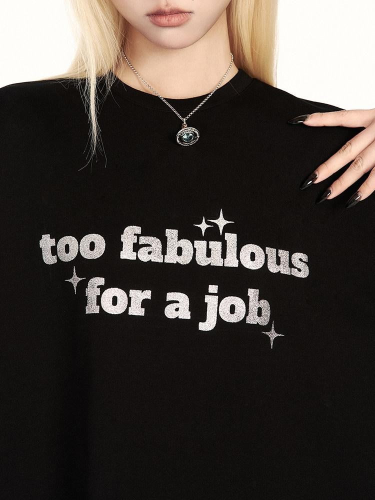VOCK Glitter Letter Print Contrast Crewneck Women's Cotton Blend Oversized T-shirts