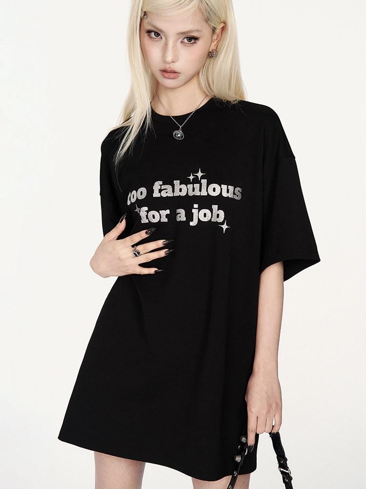 VOCK Glitter Letter Print Contrast Crewneck Women's Cotton Blend Oversized T-shirts