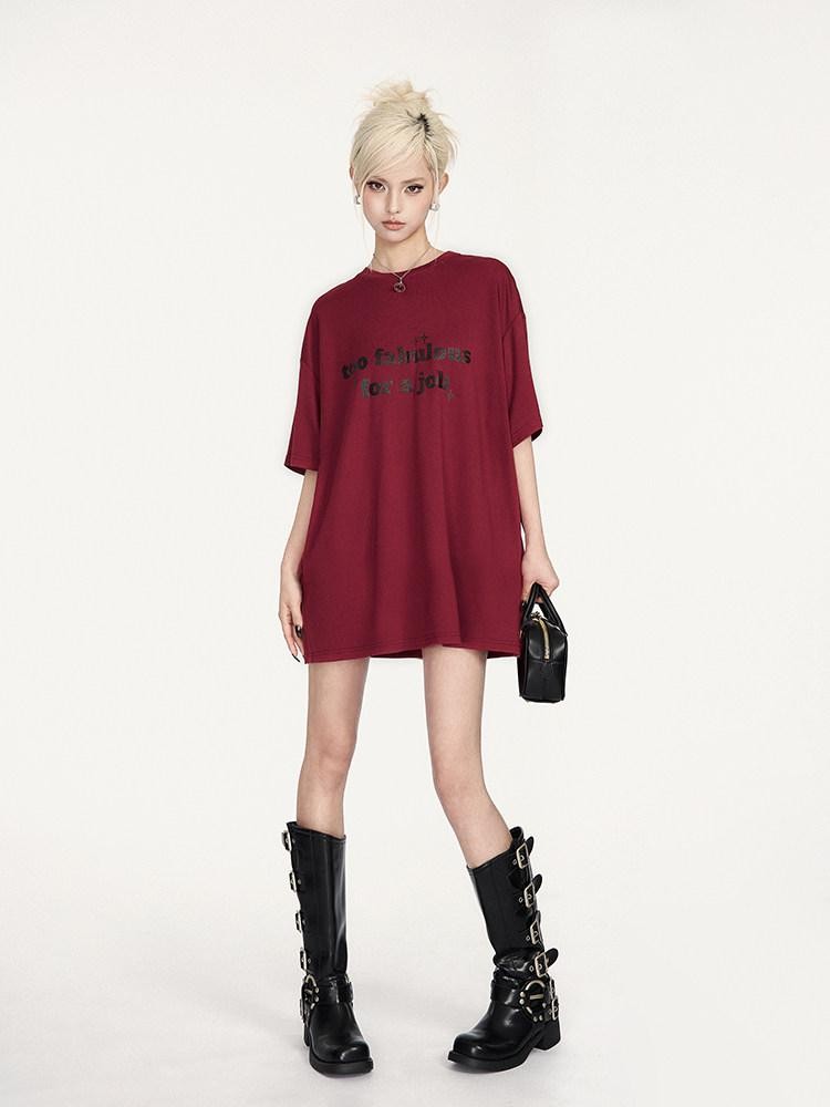 VOCK Glitter Letter Print Contrast Crewneck Women's Cotton Blend Oversized T-shirts