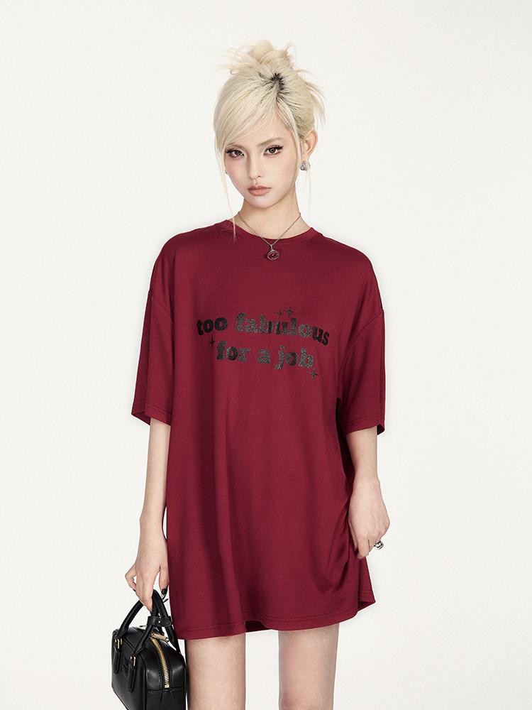 VOCK Glitter Letter Print Contrast Crewneck Women's Cotton Blend Oversized T-shirts