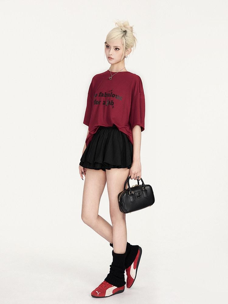 VOCK Glitter Letter Print Contrast Crewneck Women's Cotton Blend Oversized T-shirts