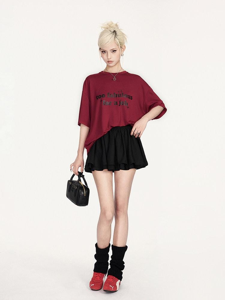 VOCK Glitter Letter Print Contrast Crewneck Women's Cotton Blend Oversized T-shirts
