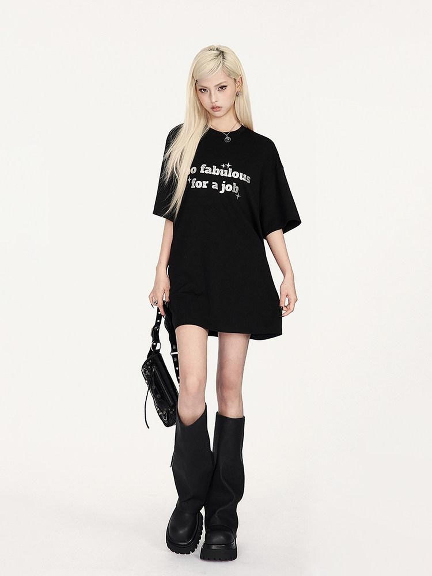 VOCK Glitter Letter Print Contrast Crewneck Women's Cotton Blend Oversized T-shirts