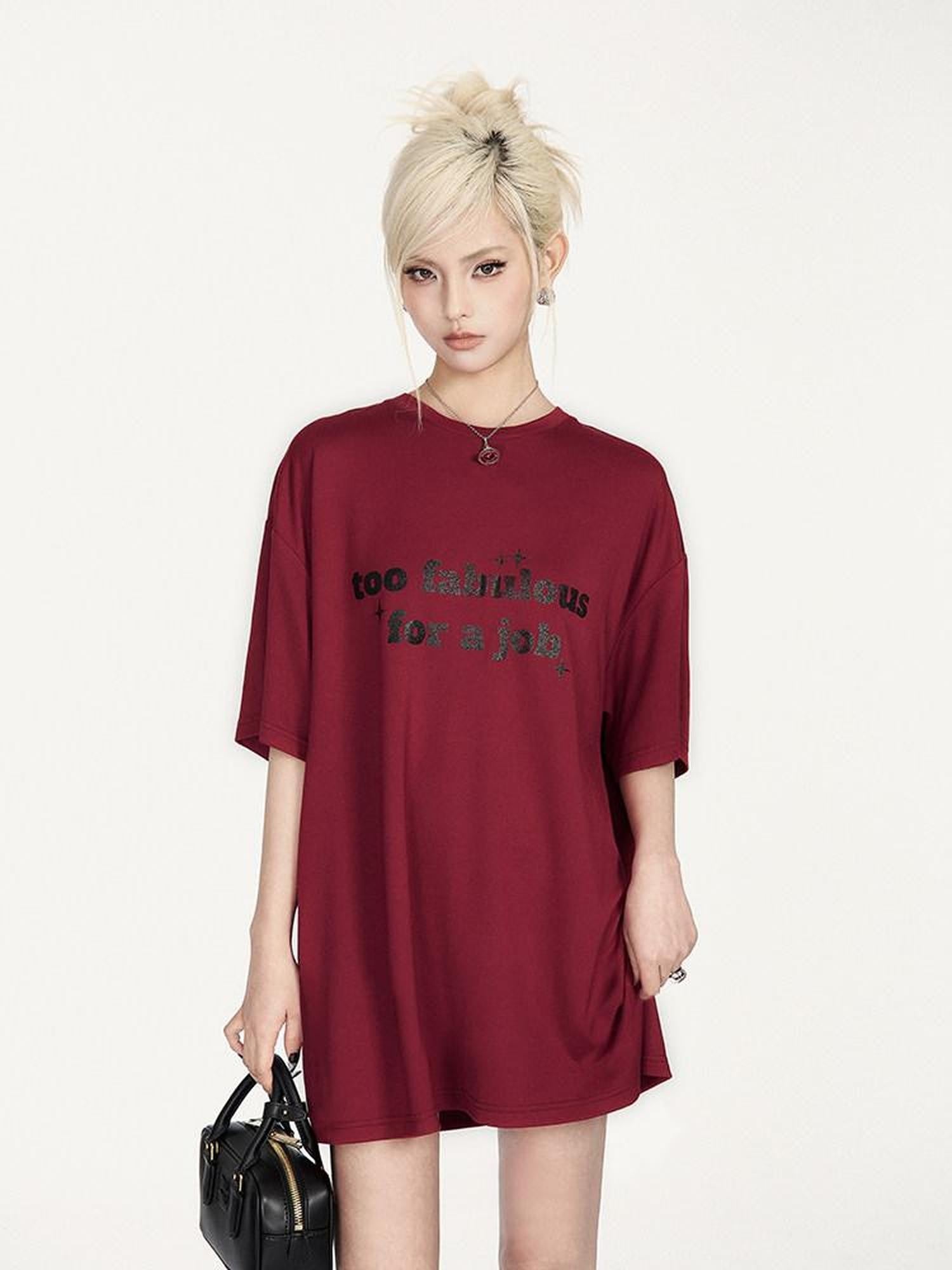 VOCK Glitter Letter Print Contrast Crewneck Women's Cotton Blend Oversized T-shirts
