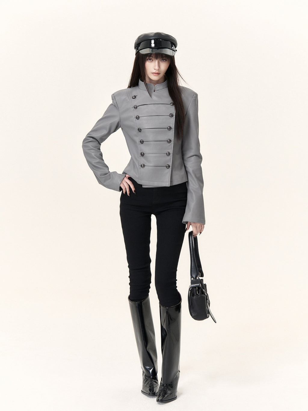 VOCK_Glossy_Pu_Button_Embellished_Stand_Collar_Punk_Women's_Leather_Jackets_1083468620768_MISSTT