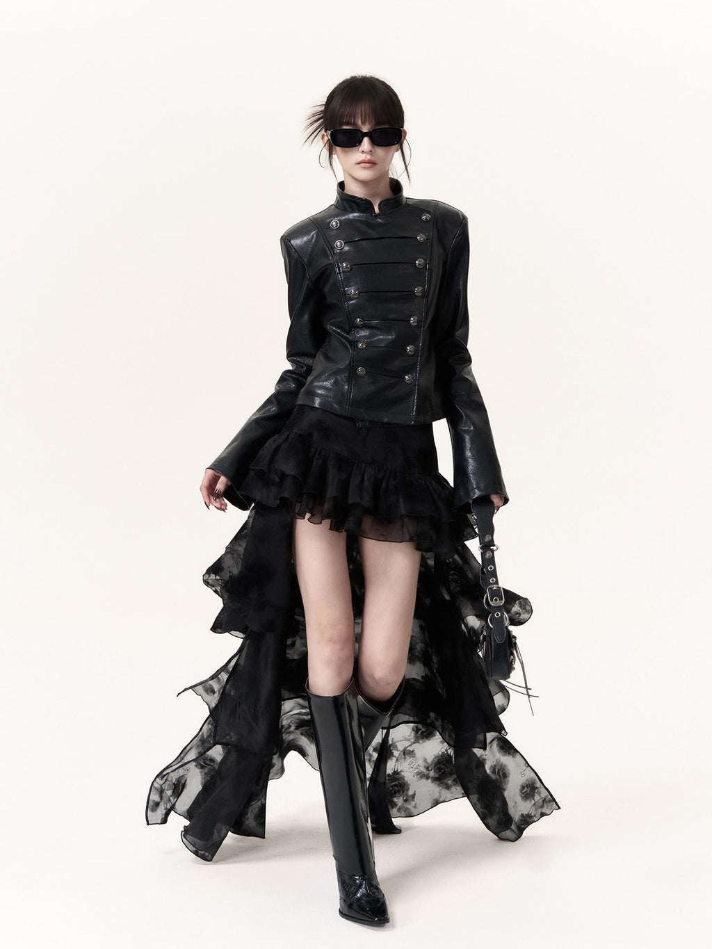 VOCK Glossy Pu Button Embellished Stand Collar Punk Women's Leather Jackets