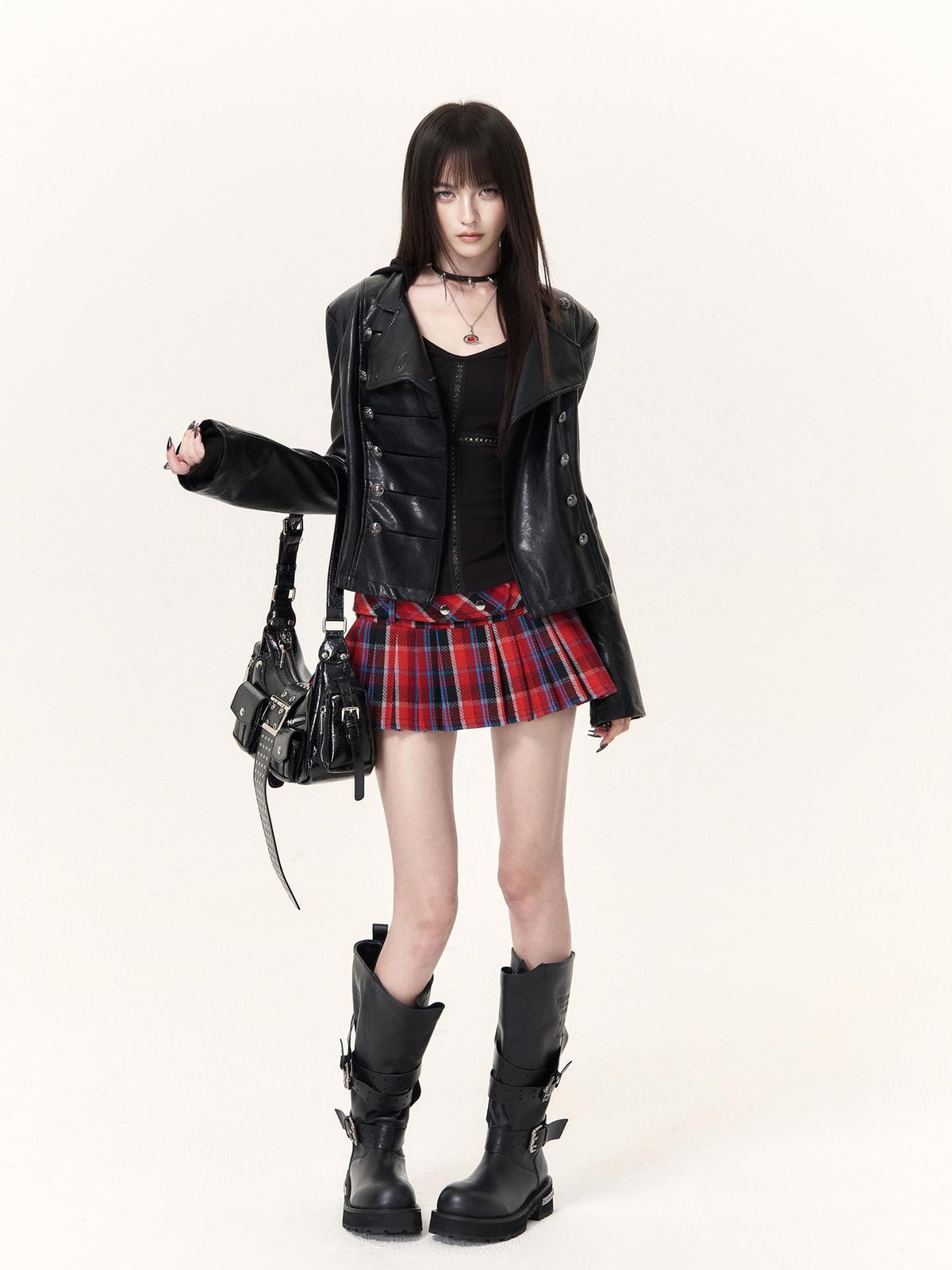 VOCK Glossy Pu Button Embellished Stand Collar Punk Women's Leather Jackets