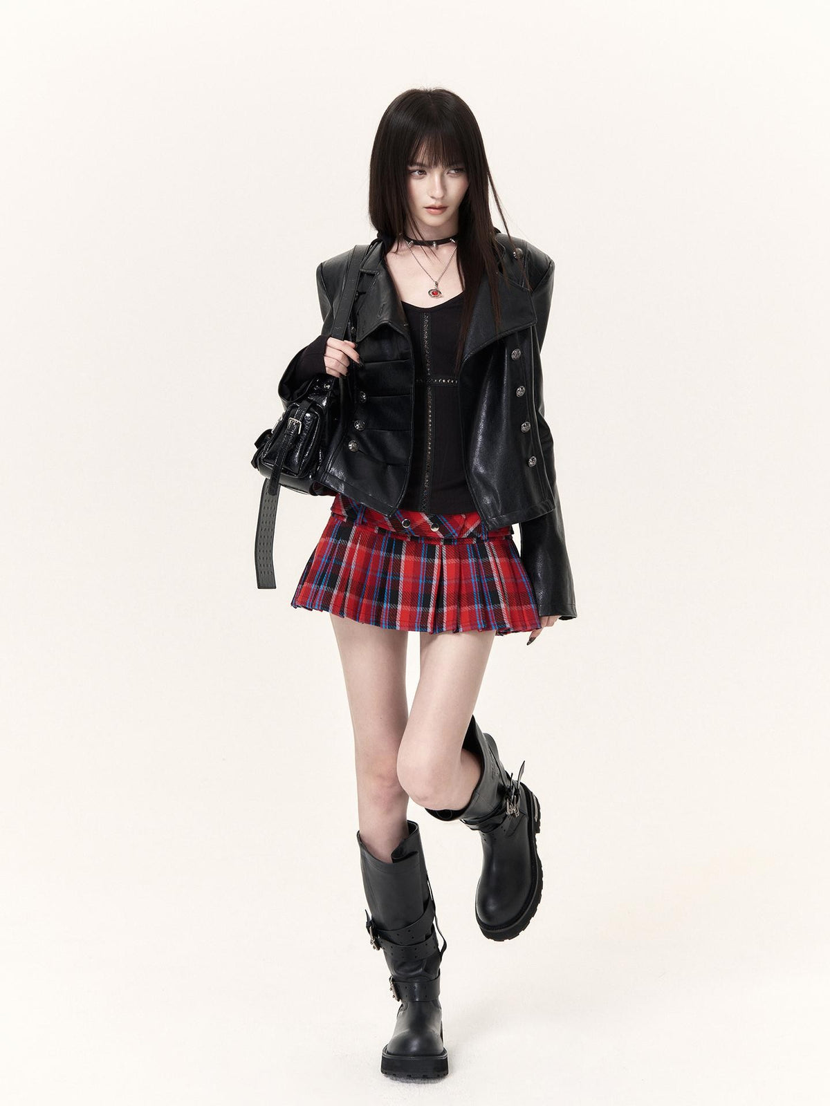VOCK Glossy Pu Button Embellished Stand Collar Punk Women's Leather Jackets