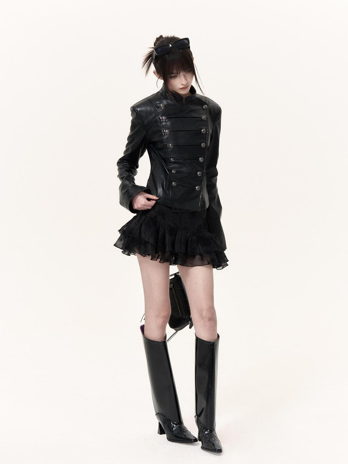 VOCK Glossy Pu Button Embellished Stand Collar Punk Women's Leather Jackets