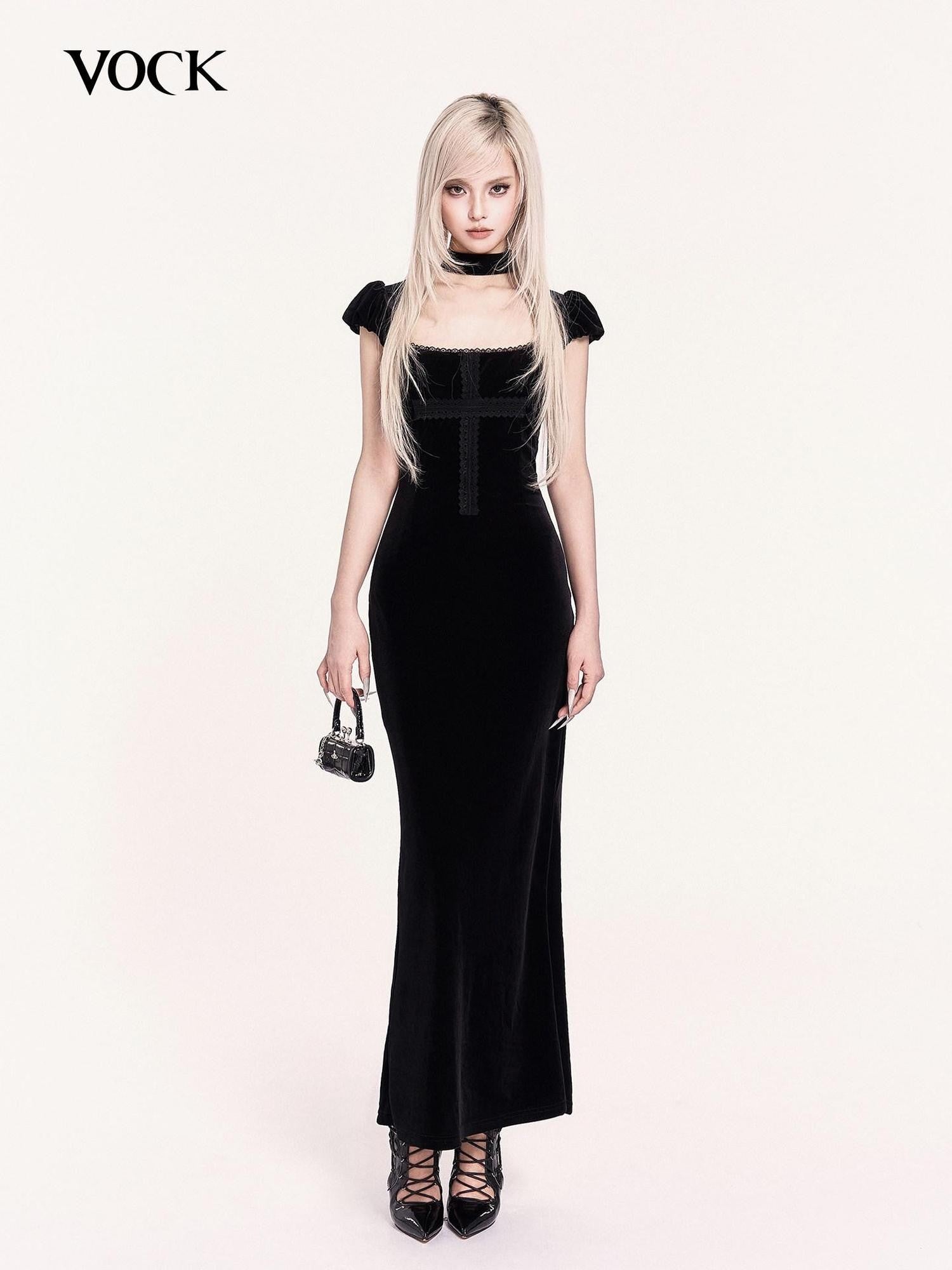 VOCK Goth Velvet Lace Splice Fishtail Women's Polyester Bodycon Maxi Dresses